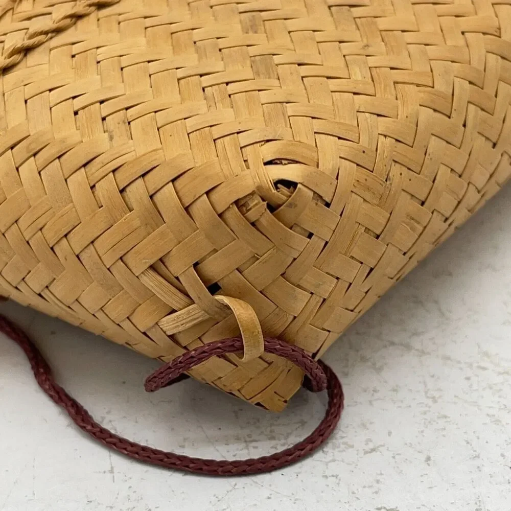 Handmade Woven Bag Backpack Vintage Basket Tan Bamboo With Lid & Chinese Coin